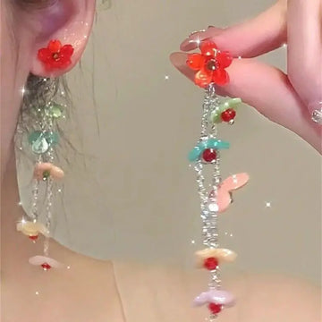 Daiiibabyyy  Korean Colorful Flower Tassel Pendant Earrings for Women Exaggerated Resin Long Floral Beaded Statement Earrings Jewelry Gifts